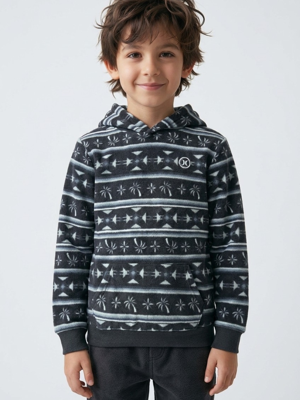 Hurley Black & Gray Patterned Kids Hooded Pullover